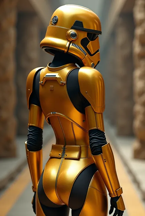 Sexy female stormtrooper (Star Wars), armored leotard, wearing golden helmet, golden armor, facing away from viewer, petite ass