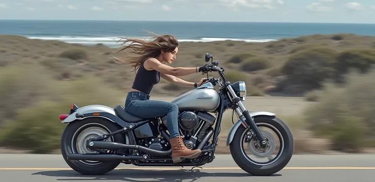 She is riding a motorcycle,Skinny blur jeans and brown boots, There is an ocean behind
