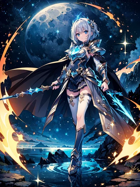 (((masterpiece, best quality, high detailed, 16k))) (1girl) A fierce warrior with short silver hair and glowing blue eyes, wearing light silver armor with a crescent moon emblem on her chest. Her flowing cape trails stardust as she wields a shining spear. ...