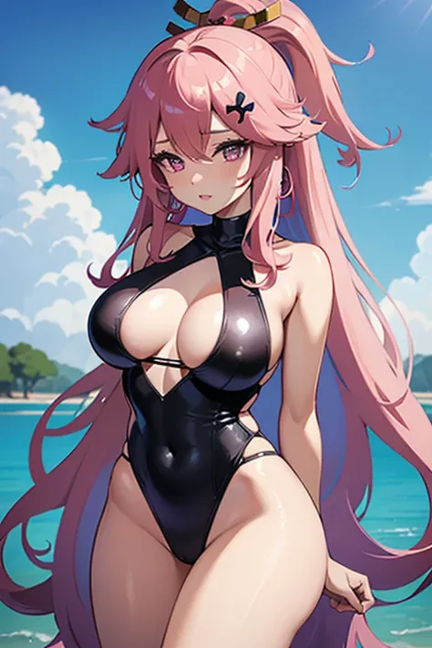 hot girl, kpop idol, yae miko,black Sexy backless one-piece swimsuit, PINK hair, long hair, best quality,(hair ornament:1.35), jewelry, purple eyes, earrings, big but medium breasts,detailed face, nontraditional miko, shiny skin, thick lips, at a lake