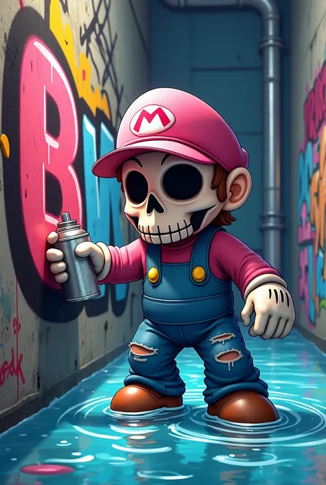 High quality Graffiti p
Mario Bros animated cartoon 
 Graffiti artist with light pink skull mask and hip hop cap look who uses a spray can to tag emir the wall with his feet in the water 