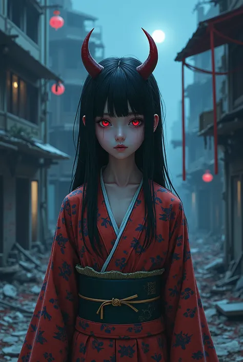 ((Top Quality)), ((Amazing)), (Details),((Japanese)),Young girl,((Demon)),Demon horns,Ultra realistic,Stunning environment,Vivid colors,Black hair,(Straight hair),Upper body,((Slums)),((Red eyes)),Tiger kimono,((Topless)),Ruins, Night,((Small bust))