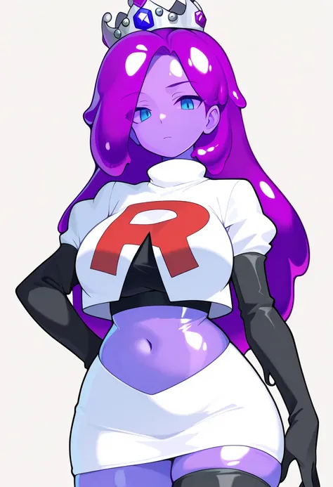 masterpiece, best quality, 1girl, solo, looking at viewer, queenslime, long hair, crown, colored skin, slime girl, large breasts, curvy, purple hair, team rocket,team rocket uniform,white skirt,red letter R,crop top,black thigh-highs,black elbow gloves, co...