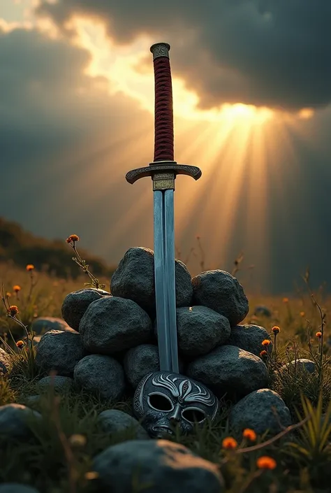 A Katana sword embedded in a pile of ancient, rocks, surrounded by a grassy landscape. The rocks are weathered, with small flowers and vines growing around them. In the background, a dramatic sky features dark storm clouds parting to reveal rays of golden ...