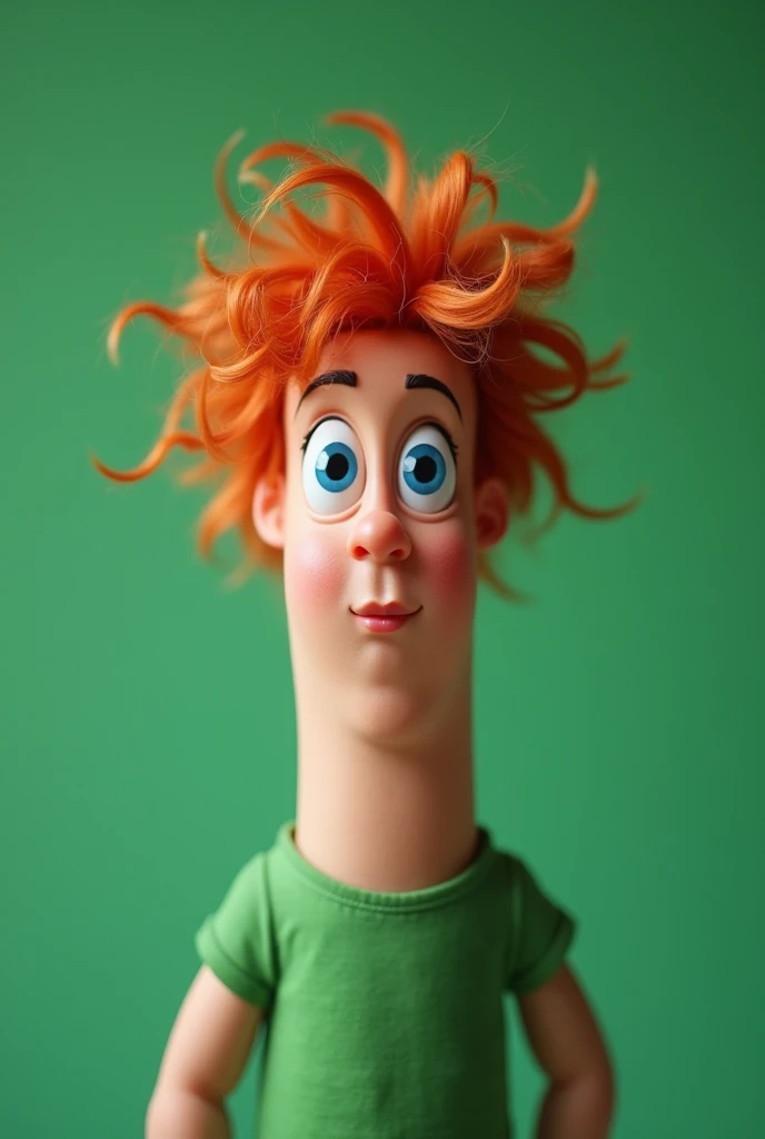  Create a realistic photo of a human finger on a solid green background . This character has wavy red hair ,  bright blue eyes , Heart shaped mouth and wearing a sleeveless green t-shirt ,  that covers only the upper part of the finger .  The t-shirt has n...