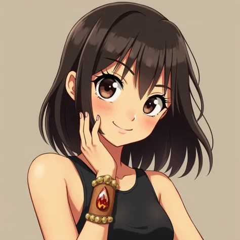 " Anime style girl with pale yellowish skin ,  rounded face and expressive features . cabello negro, smooth and hip-length , with a center part.  Big dark brown eyes and sharp eyebrows .  She wears a sleeveless black dress and a light brown stone bracelet ...