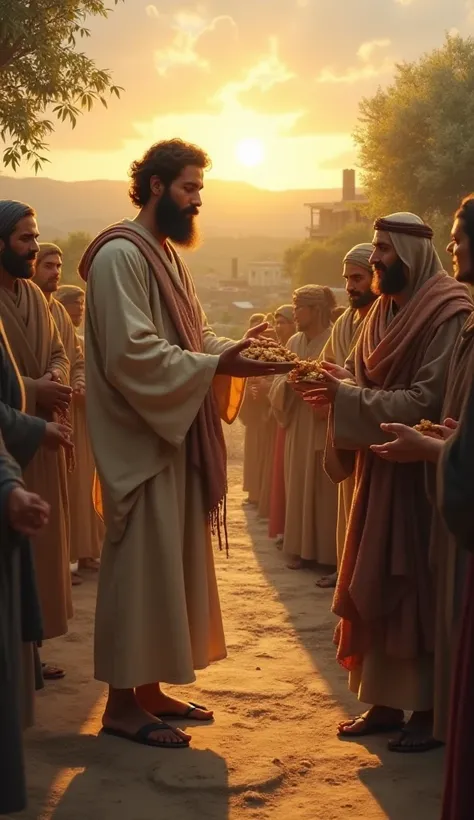 Create a scene of a person sharing their bread with poor people in first-century Galilee. 