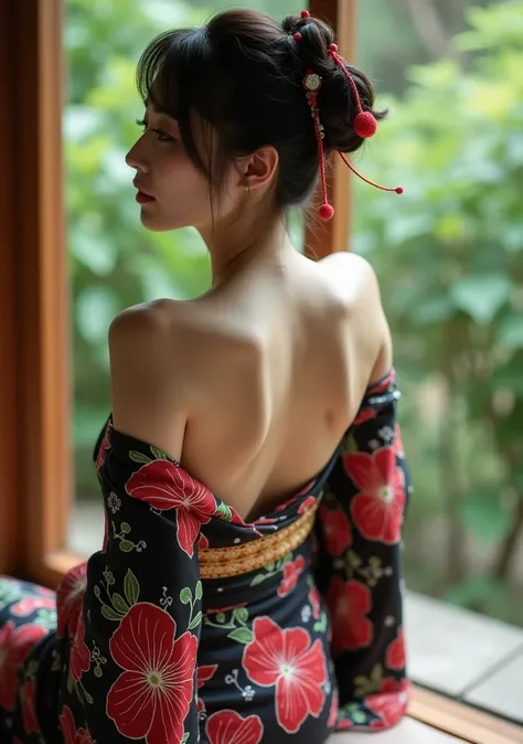  Extremely Realistic Photos , Masterpiece, ( best quality ), 8k,((( very detailed))), :1.8, Super intricate  pattern, colorful  pattern, ( beautiful and cute floral kimono designed like an orchid:1.5), ( Exposed Shoulders :1.3), Japanese  Kimono, black fab...