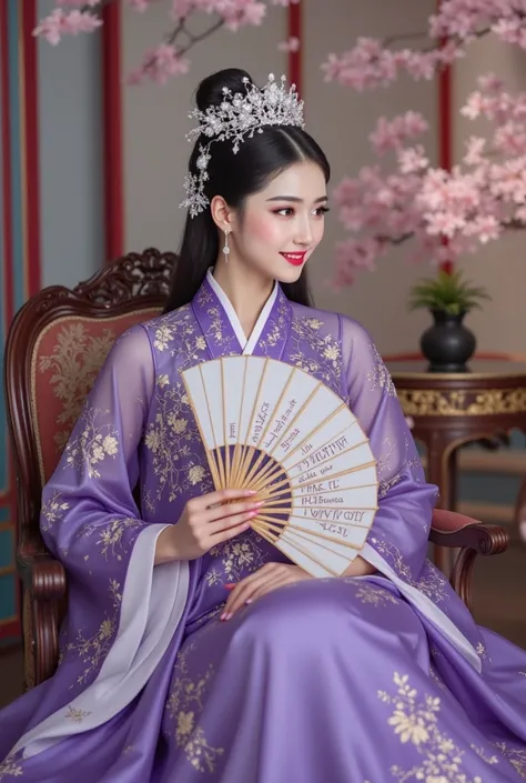 A beautiful young Korean woman with long straight hair ,  A magnificent white diamond headdress crowns her, detail,  glows softly with a pearl hue .   Beautiful red lips make up . Wear luxurious purple traditional Chinese hanfu dress decorated with batik i...