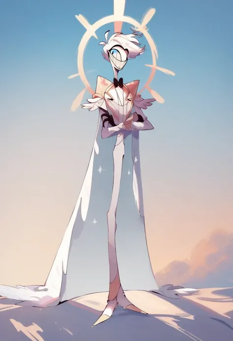 Hazbin hotel, god, Solo, cape, white suit, white hair, light blue eyes, epaulletes, smiling, white shoes, human, halo, sky, day