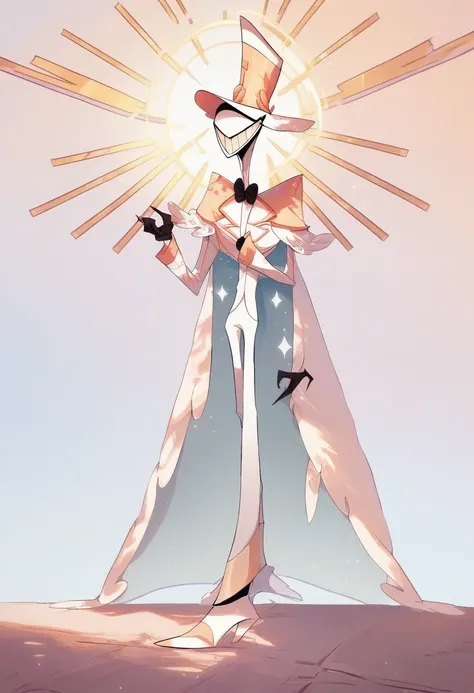 Hazbin hotel, god, Solo, cape, white suit, white hair, light blue eyes, epaulletes, smiling, white shoes, human, halo, sky, day, best quality 