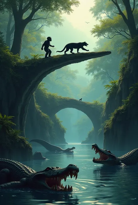 The Jaguar Crossing,  Of the monkey and the fox it was menacing,  Because of the hungry crocodiles , Who threatened them,  but, They managed to reach the other side of the river, saved.