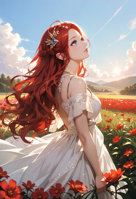 1girl, elven, elven ears, solo, dutch angle, (looking up to the sky: 1.2), red hair, long hair, (flowing hair: 1.2), blue eyes, (beautiful detailed eyes: 1.2), beautiful hairpin, grabbing her hair, beautiful dress, (fluttering clothes: 1.2), beautiful suns...