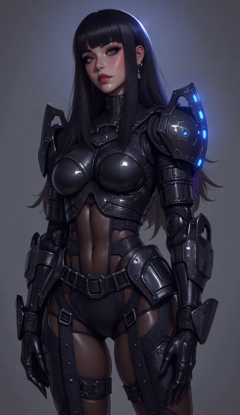 ( upper body), (realistic, [animated]), (3D:0.3),  dramatic lighting , (( masterpiece)),(quality),(highres), alta Lady Voidstar, [[covered abs]], (( X-ray Power Armor|Lined body |Black armor)  mechanical arms ),  long black hair trimmed to the side, [ evil...