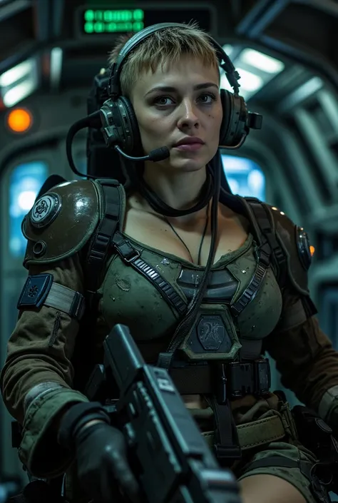 In a dark industrial alien set, female colonial marine massively breasts,wearing colonial marines costume in a spaceship pilot seat. Large breasts . Holding colonial marines pulse tifle