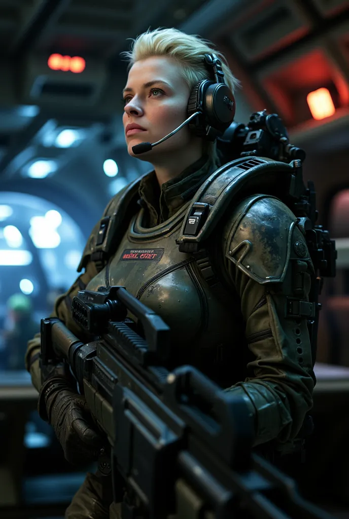 In a dark industrial alien set, female colonial marine massively breasts,wearing colonial marines costume in a spaceship pilot seat. Large breasts . Holding colonial marines pulse tifle