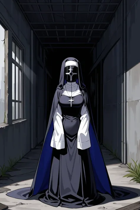 (1girl, solo) Nun, long skirt, long over loose sleeves, faceless, handless, nun outfits, veil face, veil covered face, sleeves past wrists, breasts, sleeves past fingers, long cape, midnight dark blue cape, overly long sleeves, wide open loose sleeves, sca...