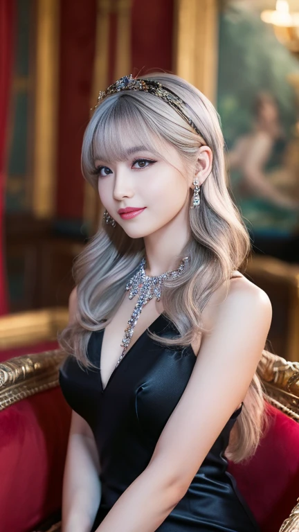   masterpiece ,   best quality , Photographically,   more details,    Fine section, Whole body,  high definition ,  realistic ,8k wallpaper,   one woman,The hair is light silver medium twin tail hair,Swept-apart bangs,Beautiful nape,Delicate hair,Burned Sk...