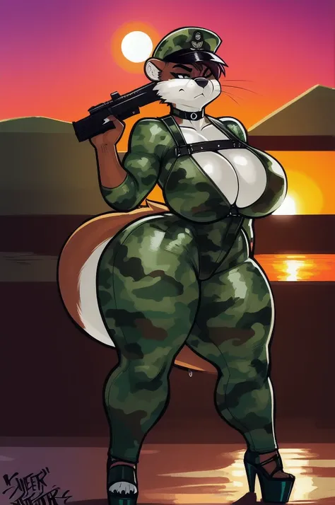 by sligarthetiger, sligarthetiger, by riendonut, female, (wide hips), (big butt), (thick thighs), (large breasts) female, mustelid, otter, mammal, anthro, camo high heels, best quality, illustration, tail, white inner ear, choker, camo platform heels, solo...