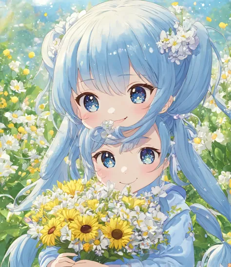  I have a girl with lots of flowers in her hands,  light blue long hair、 Cute Ichibi Characters with Twin Tails、 illuminating the girl 、I'm holding Margaret's bouquet of flowers with a smile、 cute digital art for anime ,  cute digital paint ,  Holding a Bo...