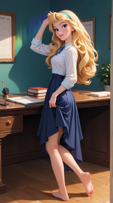 PonyXLV6_Scores ,source_anime, masterpiece,best quality, highly detailed, full body view,BREAK Aurora,1girl, porcelain doll, solo, blonde hair, blue-purple eyes, naughty face, small-medium beautiful feet, loose hair, Aurora Disney 3D render, (Aurora wearin...