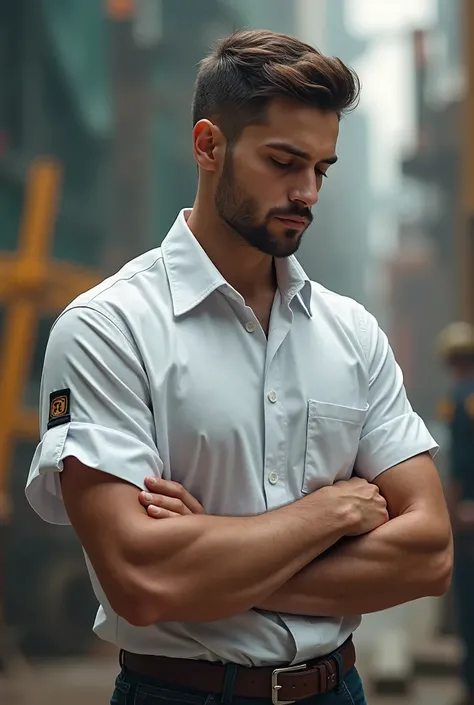 Create for me, an engineer wearing a white , ON THE OBRA, wearing short sleeve and folded dress shirt. This shirt has the sleeves folded up to the engineer's elbows . The sleeves of the shirt have a small strip of fabric with a button to keep the folds of ...