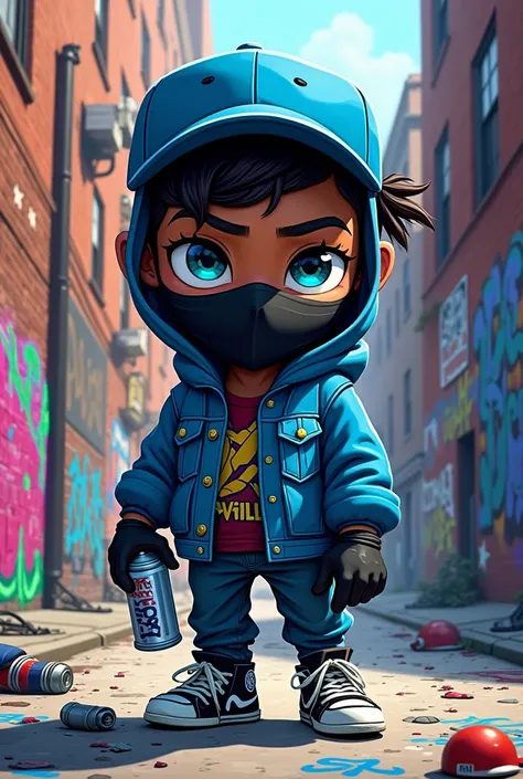 High quality Graffiti character
 animated cartoon graffiti artist with black mask blue eyes blue eyes cap hip hop look who uses a spray can in New York Bronx