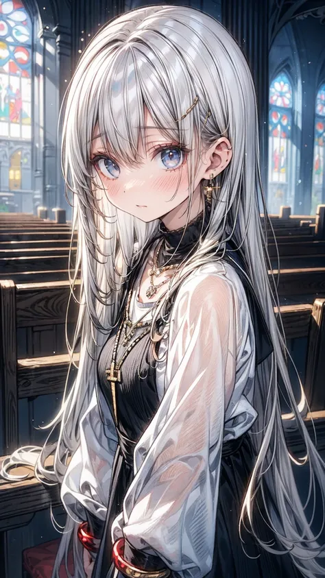 ((flat anime, 2D, 1girl:1.2)), ((12-years old:1.1, loli:1.3)), (silver long hair:1.5), reflective hair, ((focus on face:1.3)), (natural skin:1.3), (natural looking makeup:1.5), (slender:1.4), ((small breast:1.5)), BREAK, ((prayer:1.3)), (necklace, earring,...