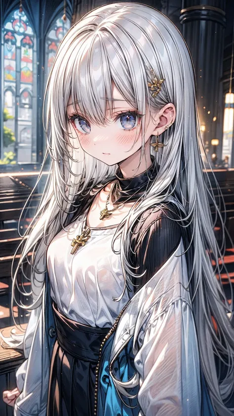 ((flat anime, 2D, 1girl:1.2)), ((12-years old:1.1, loli:1.3)), (silver long hair:1.5), reflective hair, ((focus on face:1.3)), (natural skin:1.3), (natural looking makeup:1.5), (slender:1.4), ((small breast:1.5)), BREAK, ((prayer:1.3)), (necklace, earring,...