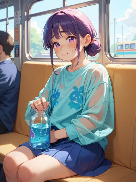 kawaii anime , Transparent jelly girl in a bottle , (kawaii:0.3), ugly face , ugly loose body , (Freckles:0.9) , dull Fluttery clothes , shy geek , Sit in a train seat, lean back