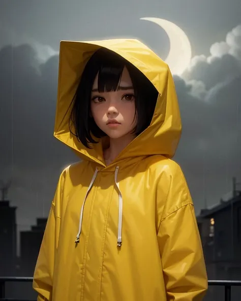 1girl, face focus, short black hair, The sullen face, gloomy, yellow raincoat with hood, cloud, crescent moon, fog, rain, hood up, masterpiece, best quality, amazing quality, very aesthetic, high resolution,