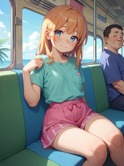 kawaii anime , petit chest girl , Press the sides of the breasts with palms , (kawaii:0.3), ugly face , ugly loose body , (Freckles:0.9) , dull Fluttery clothes , shy geek , Sit in a train seat, lean back , (spread legs:0.8)