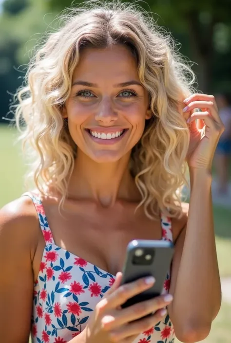 profile photo for social media in a park at sunset showing cleavage