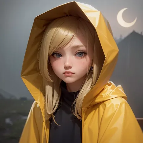 1girl, face focus, short blonde golden hair, The sullen face, gloomy, yellow raincoat with hood, cloud, crescent moon, fog, rain, hood up, masterpiece, best quality, amazing quality, very aesthetic, high resolution,