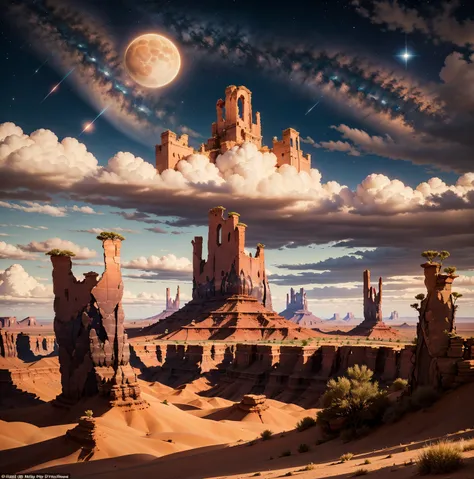 [stylized by Frederic Bazille| Antti Lovag], Drawing, landscape of a Monument Valley, Surreal and Romantic, Stars in the sky, Pop Art, Beautifully Lit, L USM