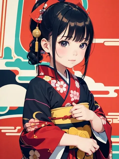 (名do,  best quality :1.1),  Pop Art Style , flat color , ３Year old、 girl,Wearing a kimono, Enjoy Playing , Japanese Steampunk ,Taisho period,Very happy , beautiful lighting arranged in an orderly manner,  Photo Portrait ,  sharp,do: okama,Doll&#39;s Festiv...