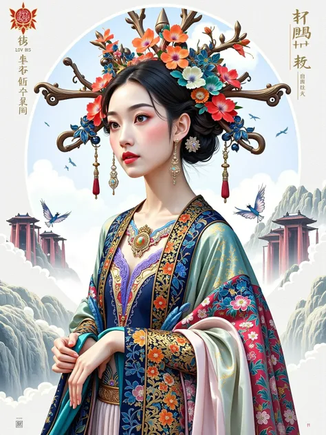 Metallic color, Hieronymus Bosch, beautiful scenery, behance, clean lines, flat illustration, collage style, various historical elements of Gongyi, Gongyi Museum, Luo Shen Tu, Feitian Tu, Northern Song Dynasty hairpins, headdress, all patterns use a nine-c...