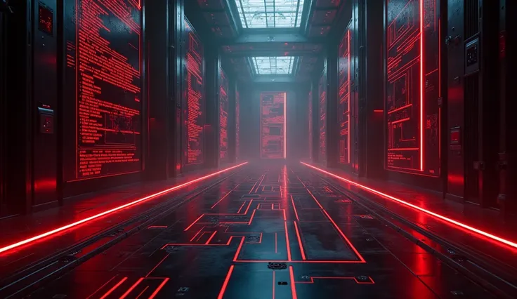 A futuristic, cyberpunk-inspired gaming environment shrouded in darkness. The backdrop features sleek, black metallic walls with glowing red neon circuits running across them in intricate, maze-like patterns. Holographic projections of digital code and fai...