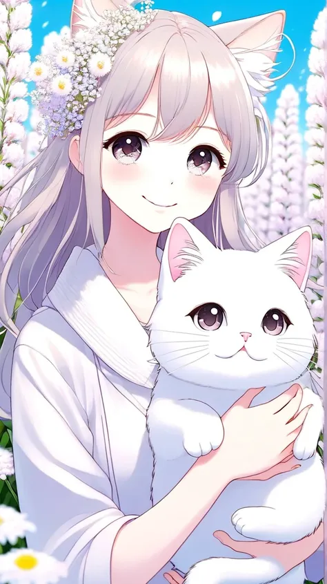 
anime、anime、kawaii　、A  girl. A smiling woman is playing She is holding a tabby cat. Next to her is a grey cat, and to her right is a white mixed cat. Flower field background