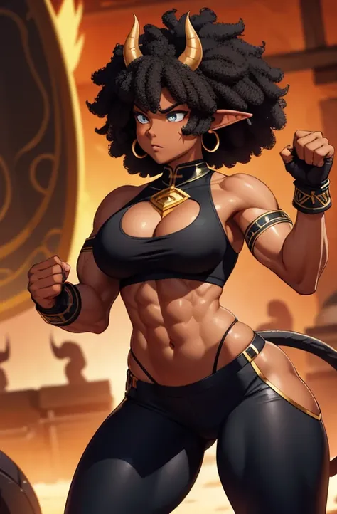 dark skin, ebony, deep ebony woman.  Big Warrior Woman. Black tank top. Golden earrings. Black skin. African Hair. Short Afro Hair. Ready for Combat. Afro curly Hair. Blue Eyes. Golden Details. Bull Horns on her Head. Horns. Elf Ears. Fighting Pose. Bull T...