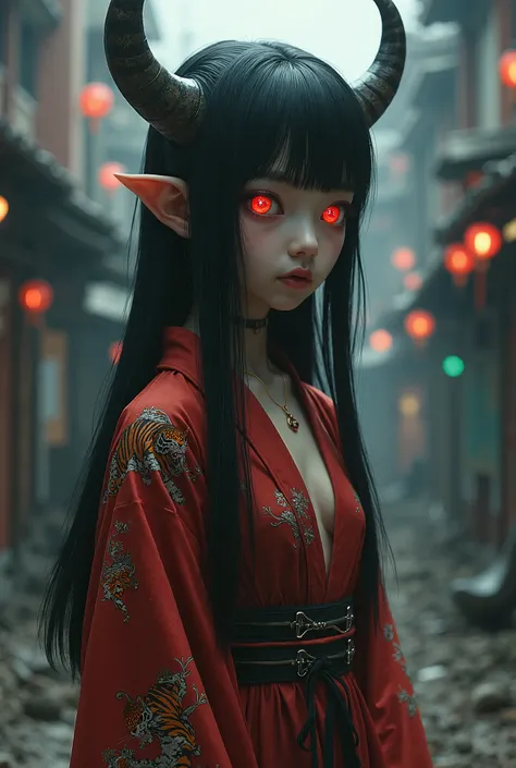 ((Top Quality)), ((Amazing)), (Details),((Japanese)),Young girl,((Demon)),Cow horns,Ultra realistic,Stunning environment,Vivid colors,Black hair,(Straight hair),Upper body,((Slums)),((Red eyes)),Tiger kimono,((Topless)),Ruins, Night,((Small bust)),((Toples...