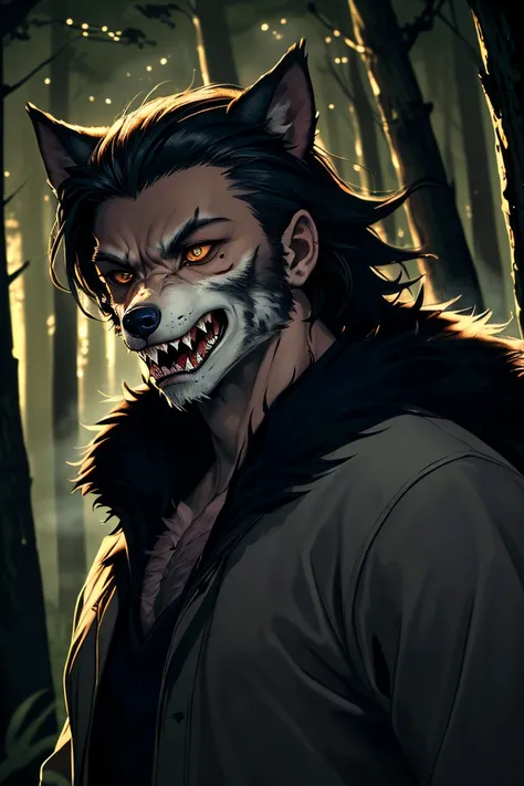 (masterpiece, best quality) photo of a man werewolf (black fur:1.2) (sharp teeth), in forest, (dimming light:1.3) (fog:1.2) (night:1.4)