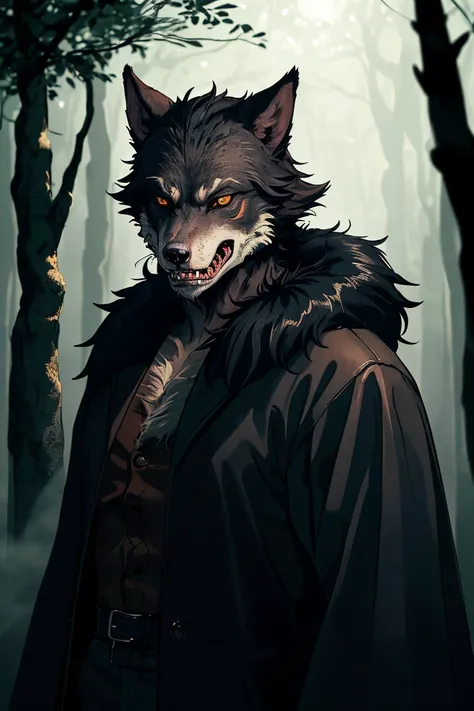 (masterpiece, best quality) photo of a man werewolf (black fur:1.2) (sharp teeth), in forest, (dimming light:1.3) (fog:1.2) (night:1.4)