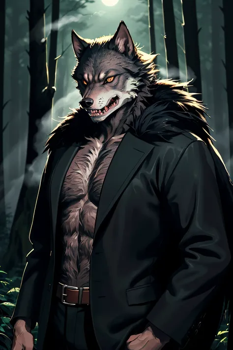 (masterpiece, best quality) photo of a man werewolf (black fur:1.2) (sharp teeth), in forest, (dimming light:1.3) (fog:1.2) (night:1.4)