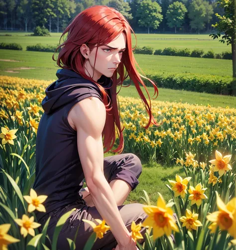 ( adult male, ( long hair,  Red hair), red bristle ,  purple eyes ,  disappointed look, green hoodie , orange pants )(a field of daffodils)