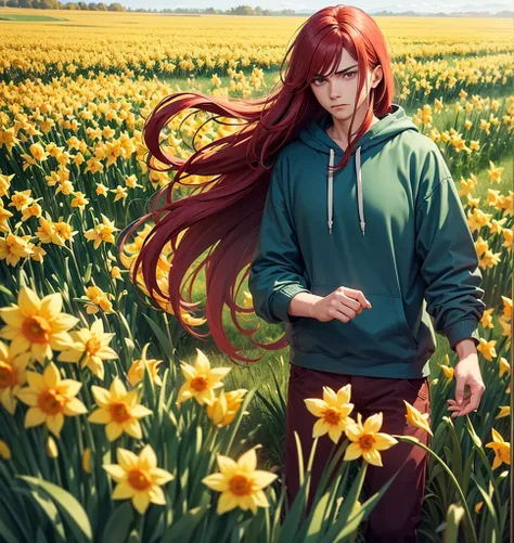 ( adult male, ( long hair,  Red hair), red bristle ,  purple eyes ,  disappointed look, green hoodie , orange pants )(a field of daffodils)