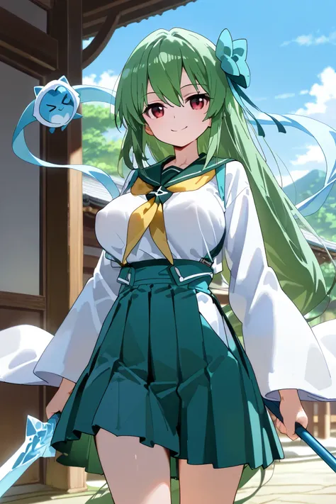 1girl,

magiaazul,green_hair,red_eyes,
aqua_suspenders_skirt,white_shirt,aqua_ribbon_tie,magical_rod,
aqua_suspenders_skirt,white_shirt,aqua_ribbon_tie,ice_sword,
usuraino_miko,blue_hakama,hagoromo,
blue_dress,
white_serafuku,yellow_sailor_scarf,green_plea...