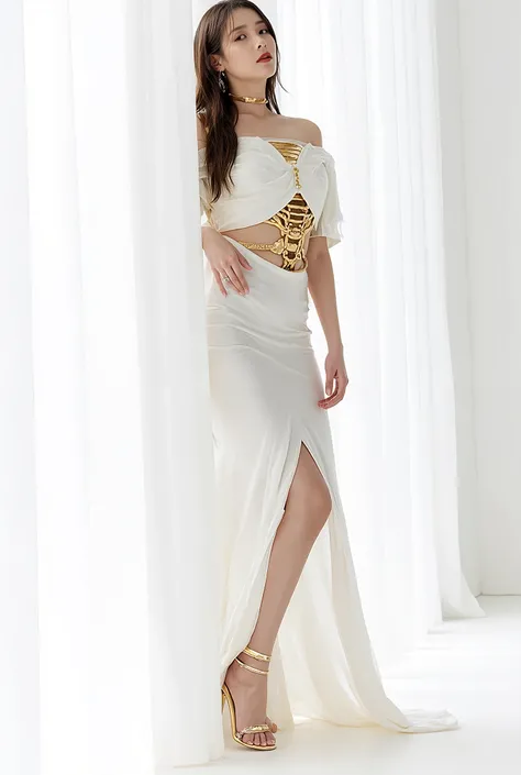 full body, full boy picture, beautiful woman, IU, white futuristic tight dress, gold accessories, alien like accessories, big accessories, wild and alien like accessories, gold human ribs inspired corset, futuristic outfit, mugler inspired outfit, cyber co...