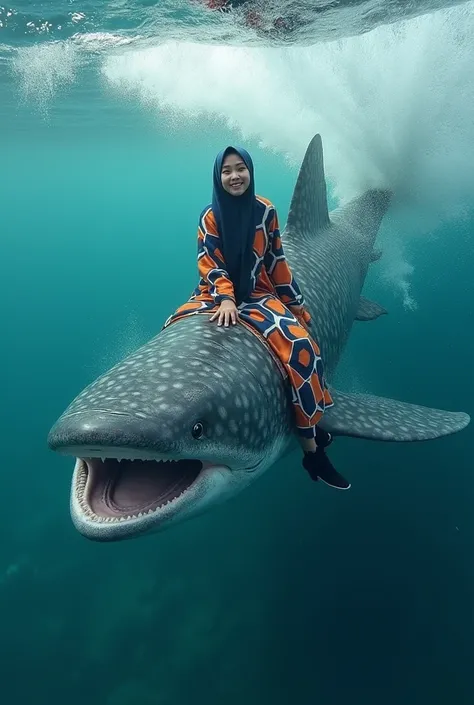 
real close up photo of a beautiful Indonesian woman wearing a hijab and a long dress with a full color hexagon pattern riding a megalodon in the ocean with big waves, the megalodon swims closer to the camera,visible full body of the megalodon, the megalod...