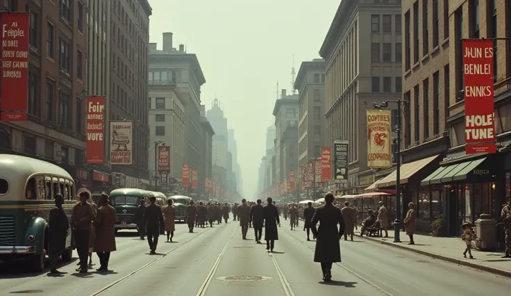 Une vue de rue candide de la société américaine des années 1940 montrant des signes de ségrégation — tels que "Blancs seulement" bancs et autobus — juxtaposés à des affiches militaires faisant la promotion de l'effort de guerre. Des hommes afro-américains,...